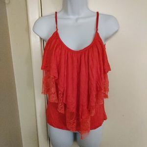 ⬇️NWT! LIPSTICK Coral Ruffles & Lace Flirty Spaghetti Strap Top w/ LaceBack SzM
